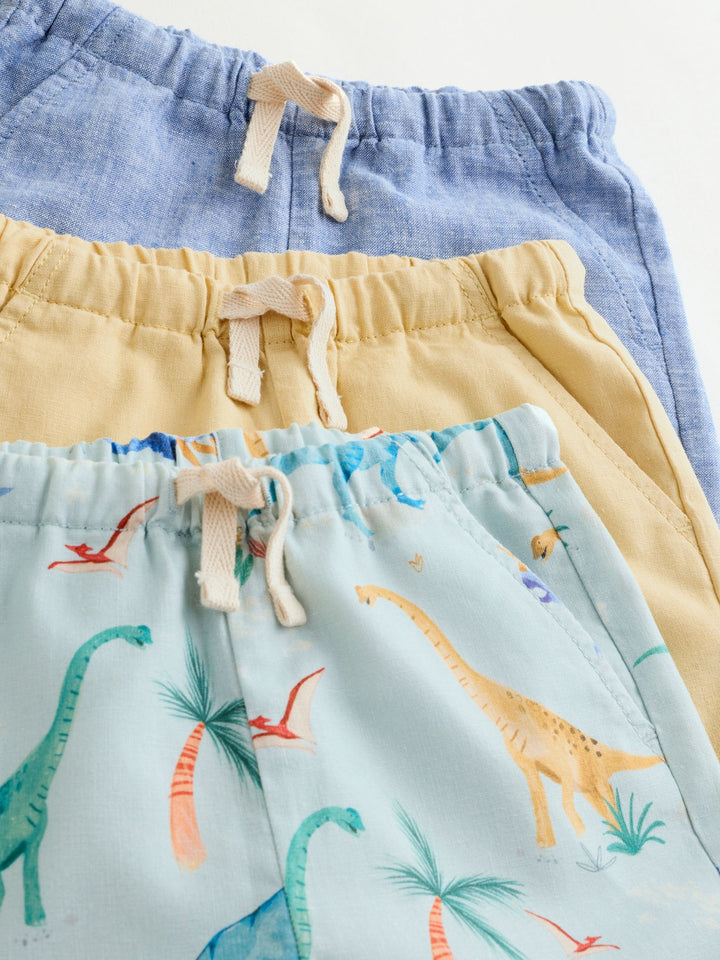 Blue/Yellow/Dino Linen Blend Shorts 3 Pack (3mths-7yrs)