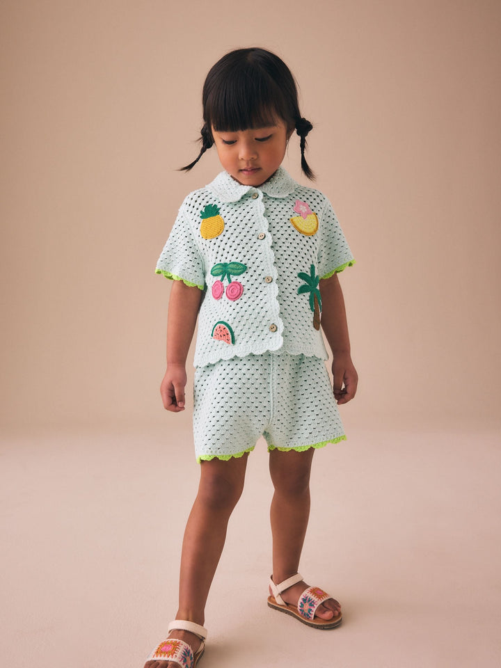 Blue Crochet Embroidered Knitted Shorts Set (3mths-7yrs)