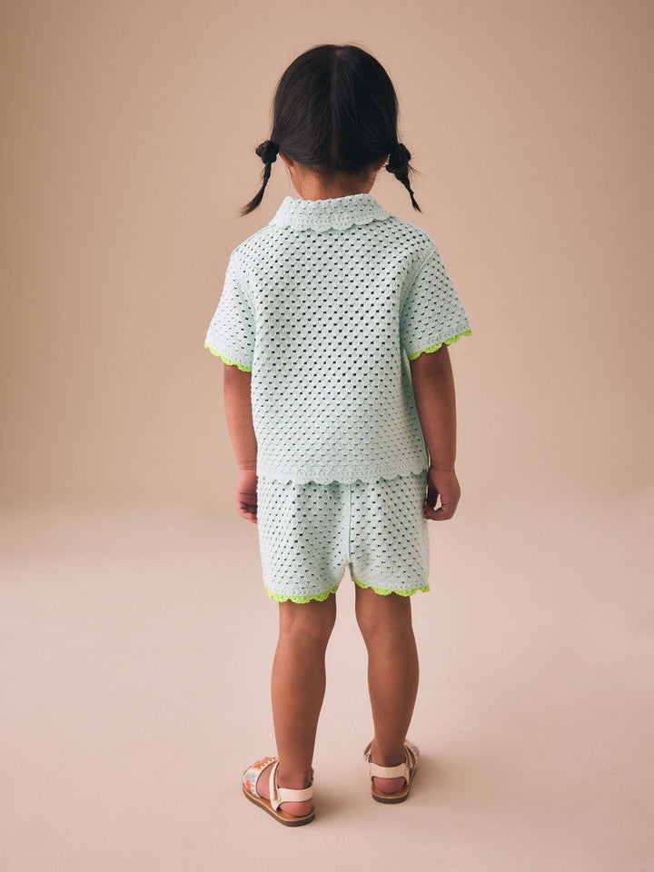 Blue Crochet Embroidered Knitted Shorts Set (3mths-7yrs)