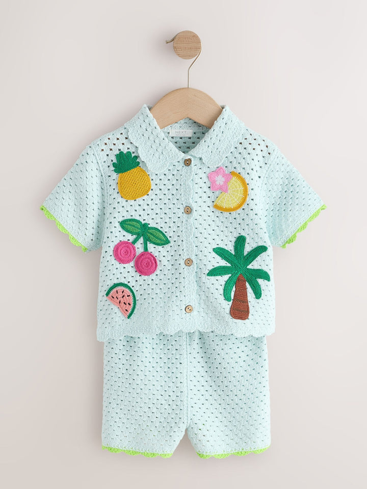 Blue Crochet Embroidered Knitted Shorts Set (3mths-7yrs)
