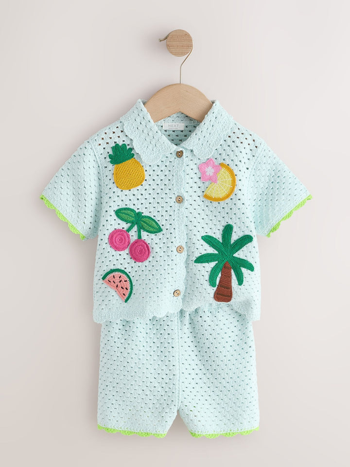Blue Crochet Embroidered Knitted Shorts Set (3mths-7yrs)
