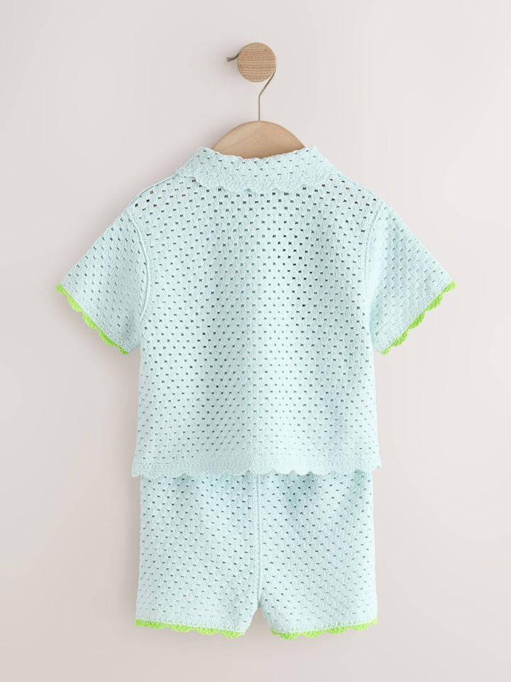 Blue Crochet Embroidered Knitted Shorts Set (3mths-7yrs)