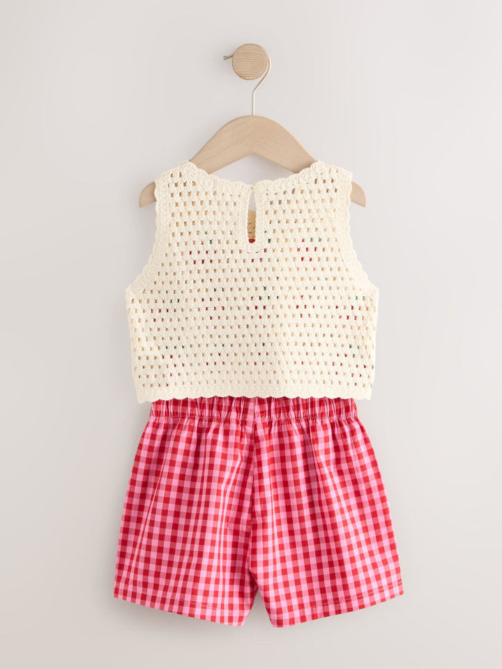 Red Crochet Cherry Top With Gingham Shorts (12mths-7yrs)