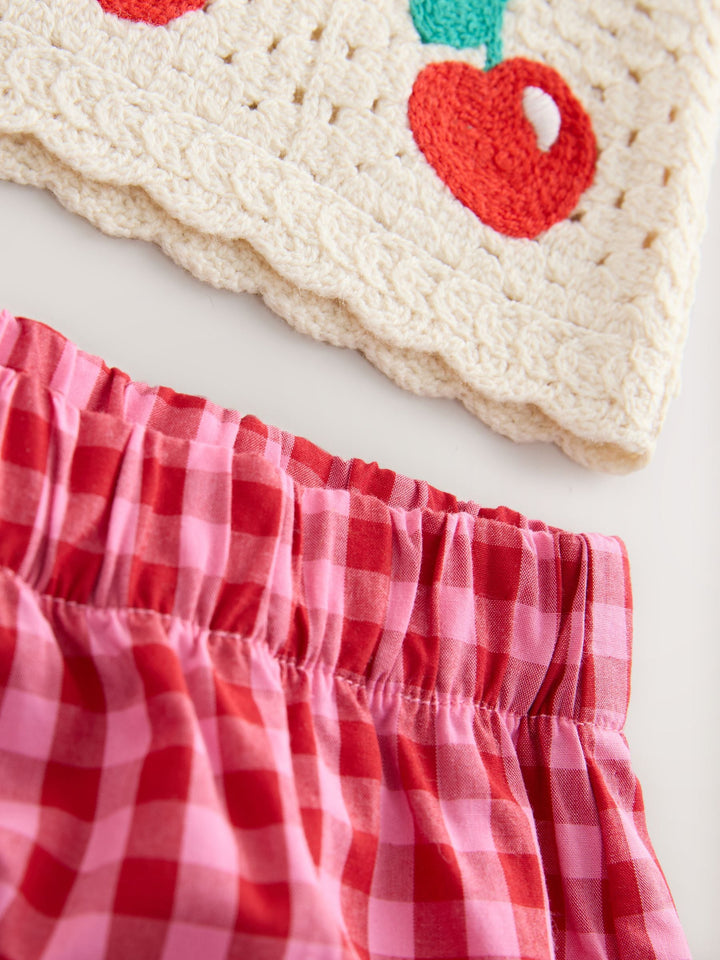Red Crochet Cherry Top With Gingham Shorts (12mths-7yrs)