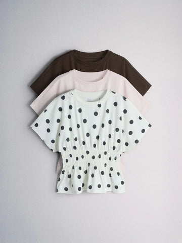 The Set 3 Pack Shirred Waist Cotton Tops Brown/Pink/Spot
