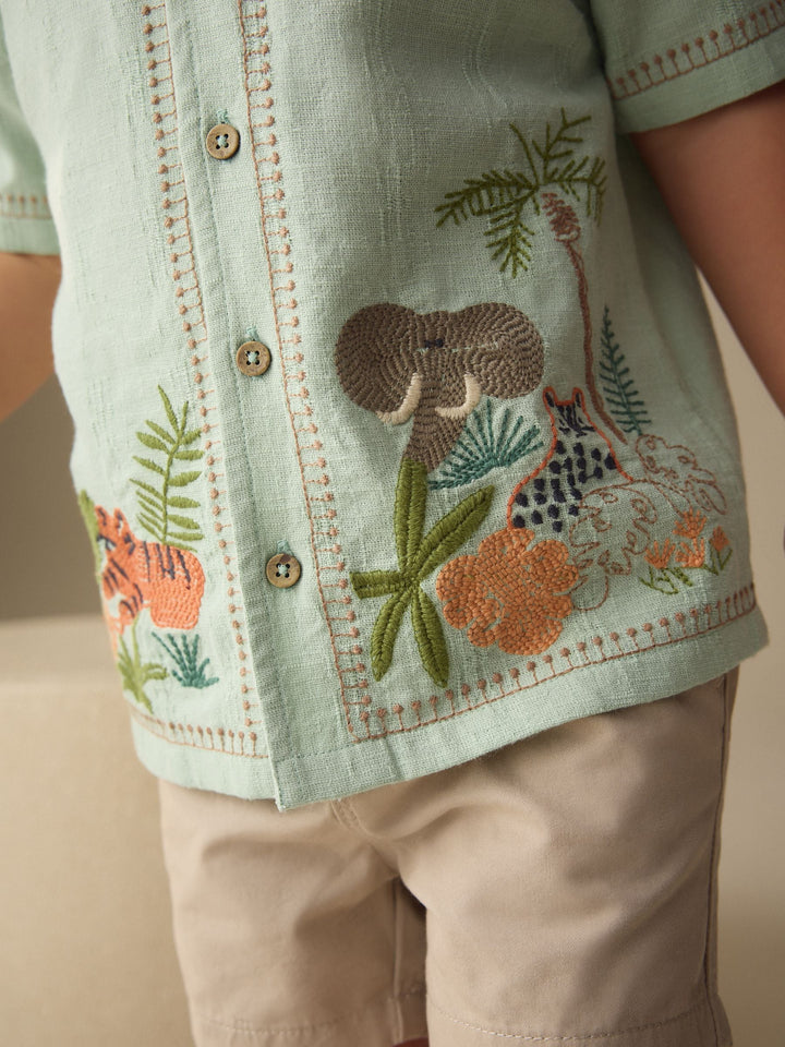 Mint Green Safari Embroidery Short Sleeve Shirt (3mths-7yrs)