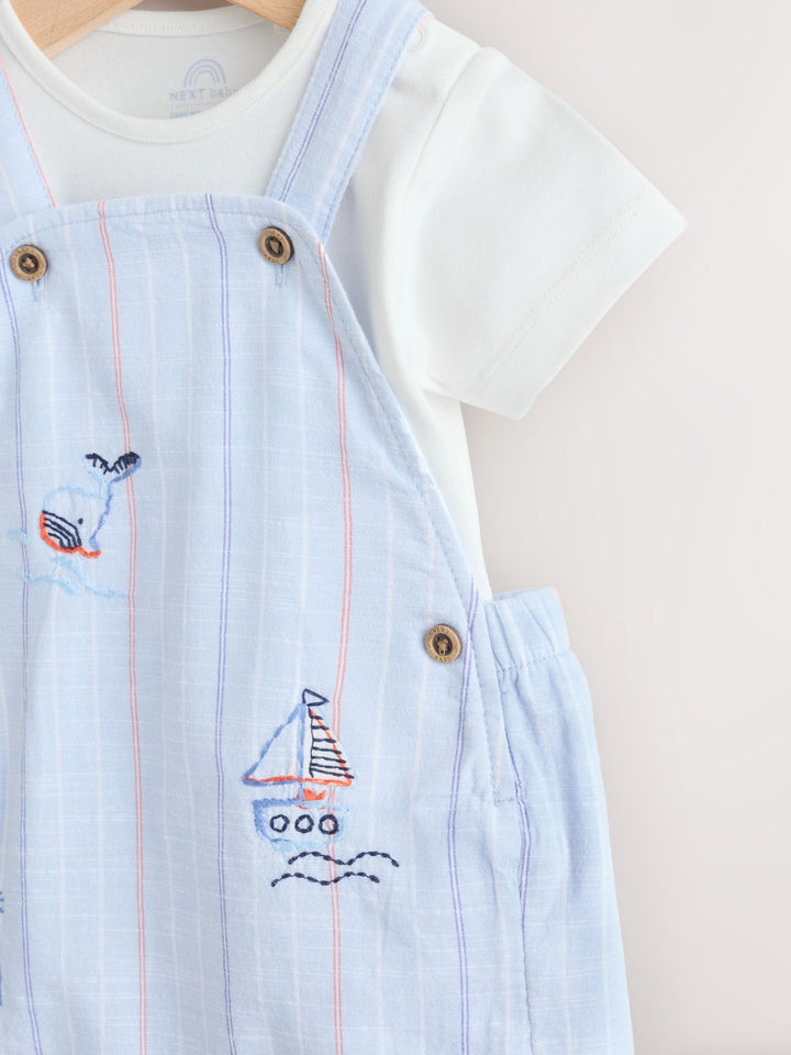 Blue Nautical Stripe Dungarees And Bodysuit Baby Set (0mths-2yrs)