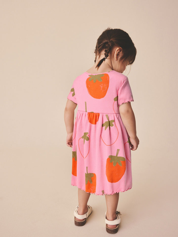 Pink Strawberry Short Sleeve Ribbed Dress (3mths-7yrs)