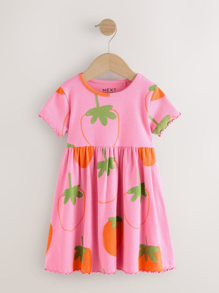 Pink Strawberry Short Sleeve Ribbed Dress (3mths-7yrs)