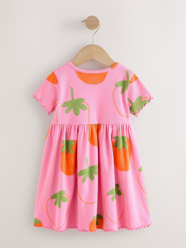 Pink Strawberry Short Sleeve Ribbed Dress (3mths-7yrs)