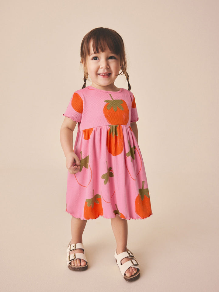 Pink Strawberry Short Sleeve Ribbed Dress (3mths-7yrs)