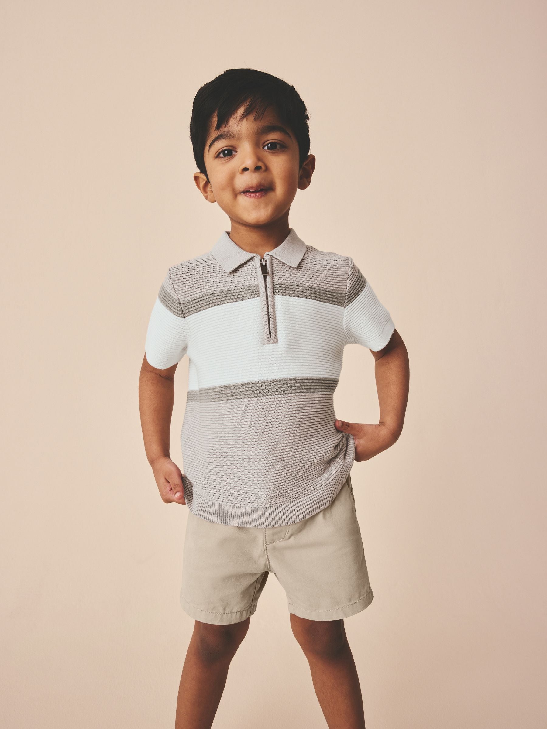Neutral Colourblock Knitted Zip Neck Polo Shirt (3mths-7yrs)