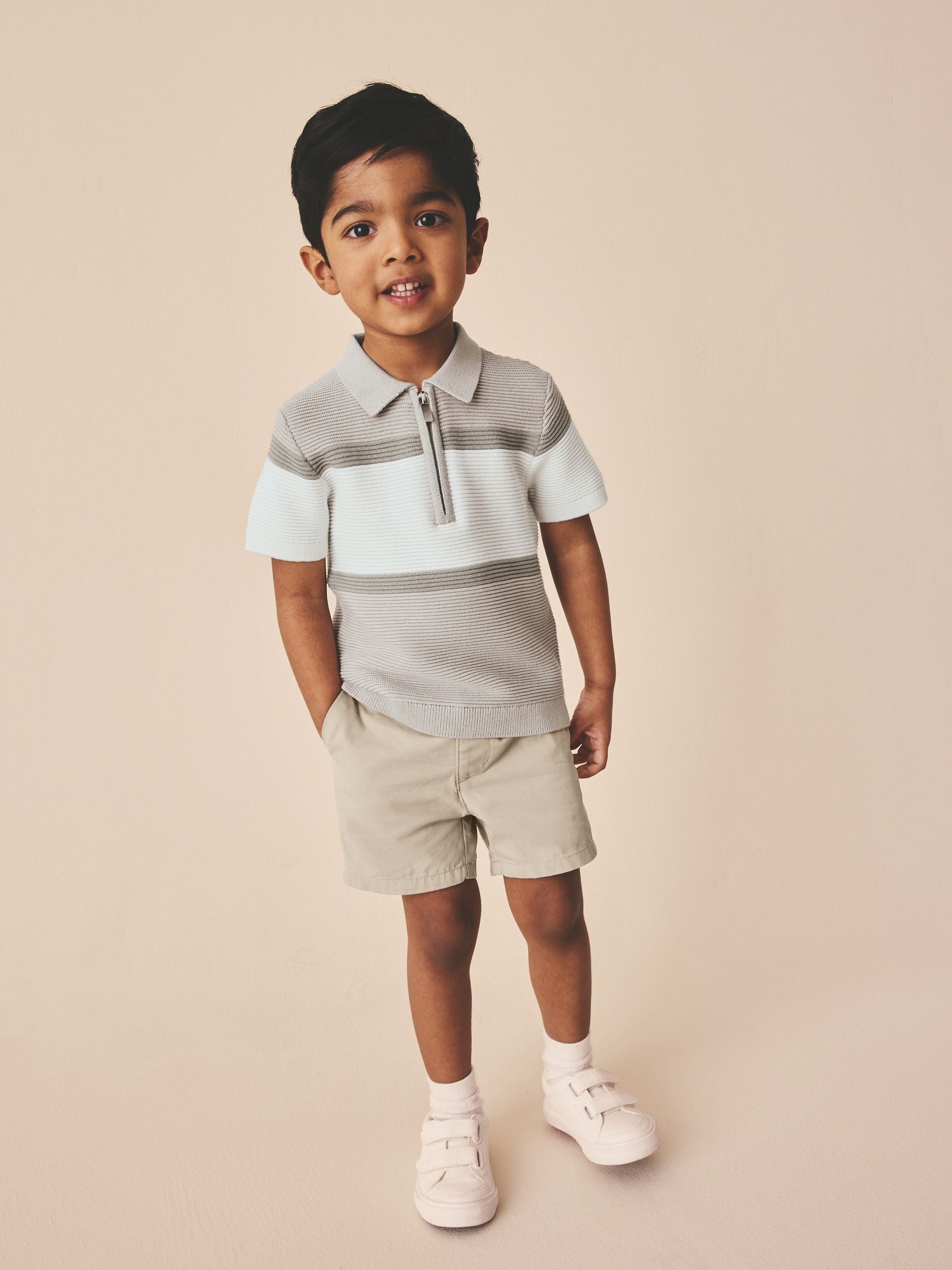 Neutral Colourblock Knitted Zip Neck Polo Shirt (3mths-7yrs)