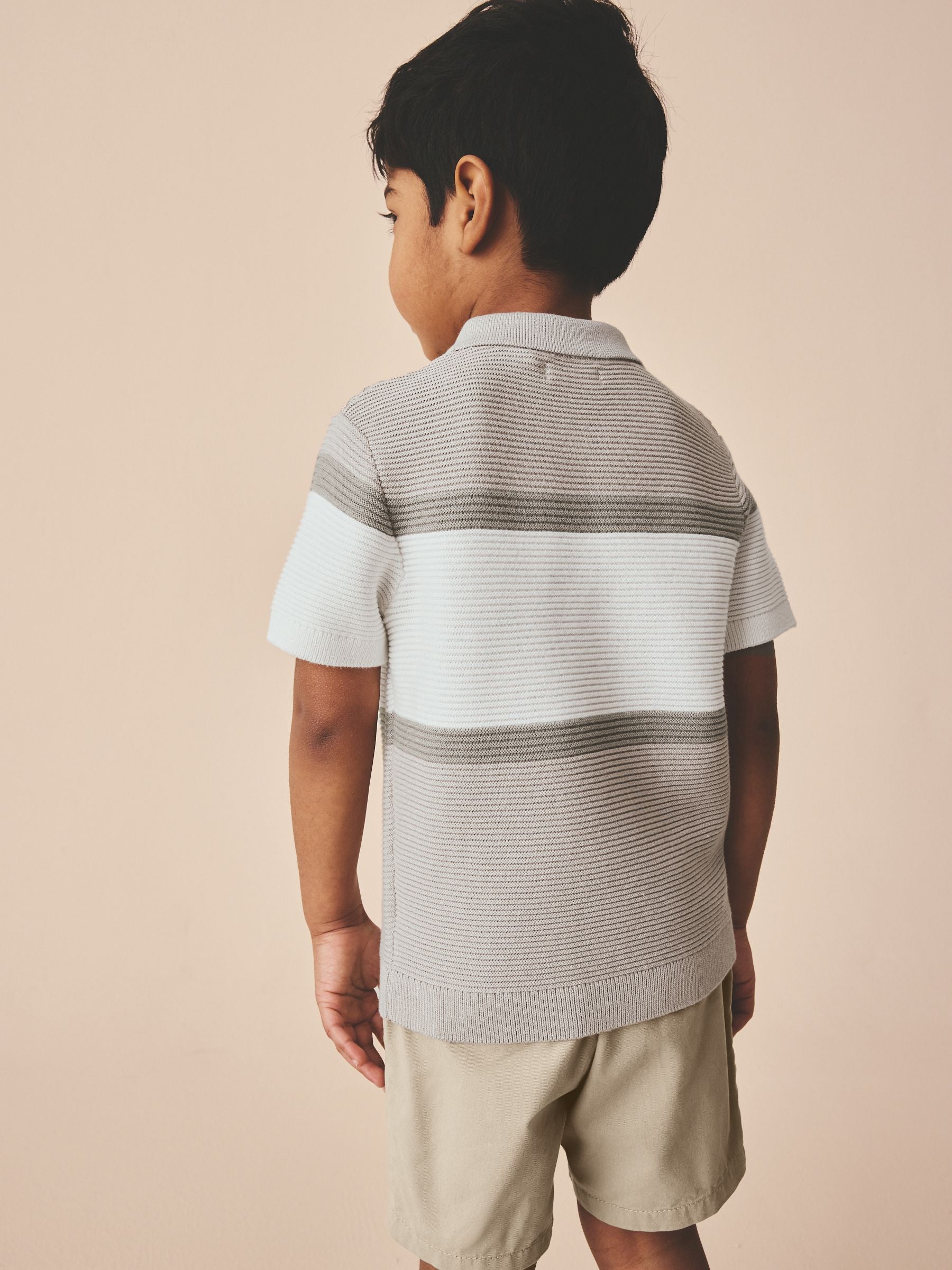 Neutral Colourblock Knitted Zip Neck Polo Shirt (3mths-7yrs)