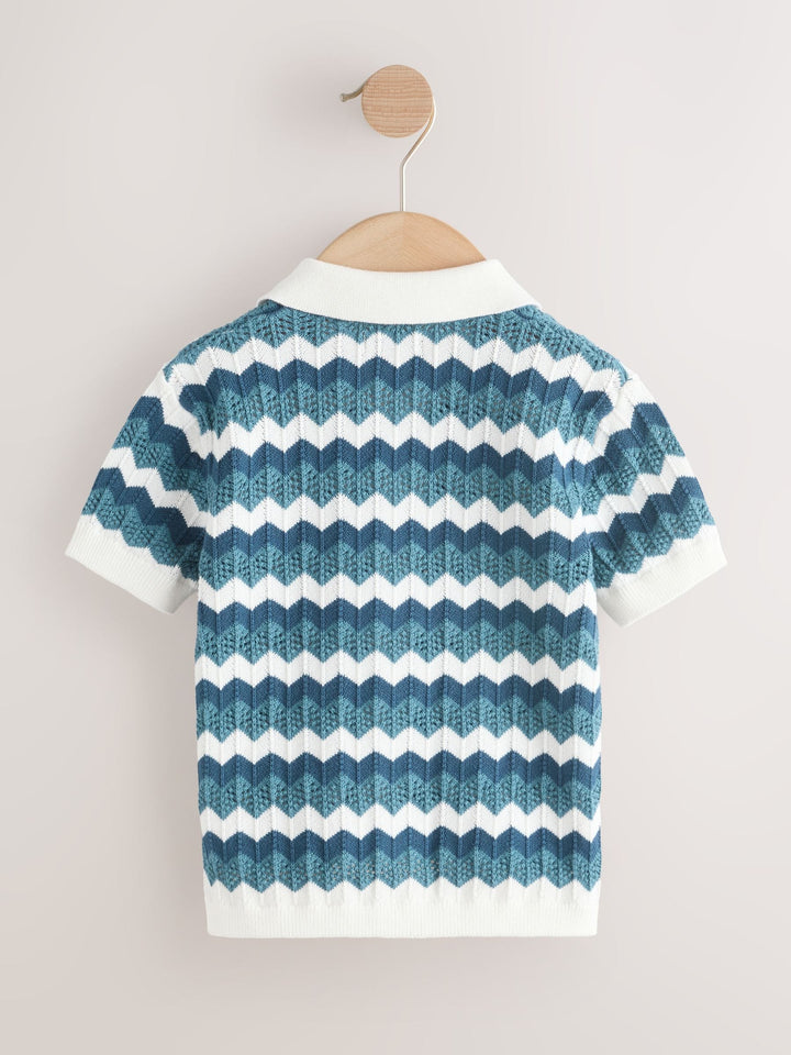 Blue/White Zig Zag Knitted Revere Collar Polo Shirt (3mths-7yrs)