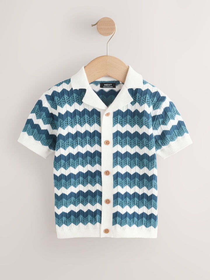 Blue/White Zig Zag Knitted Revere Collar Polo Shirt (3mths-7yrs)