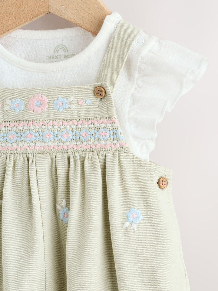 Sage Green Embroidered Baby Dungarees and Bodysuits Set 2 Piece (0mths-2yrs)