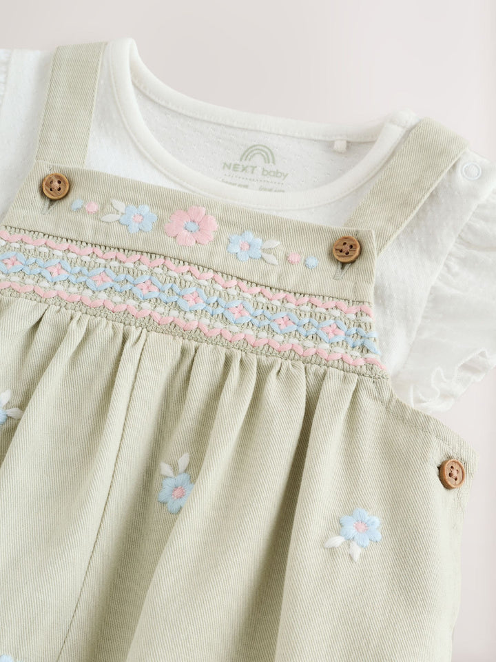 Sage Green Embroidered Baby Dungarees and Bodysuits Set 2 Piece (0mths-2yrs)