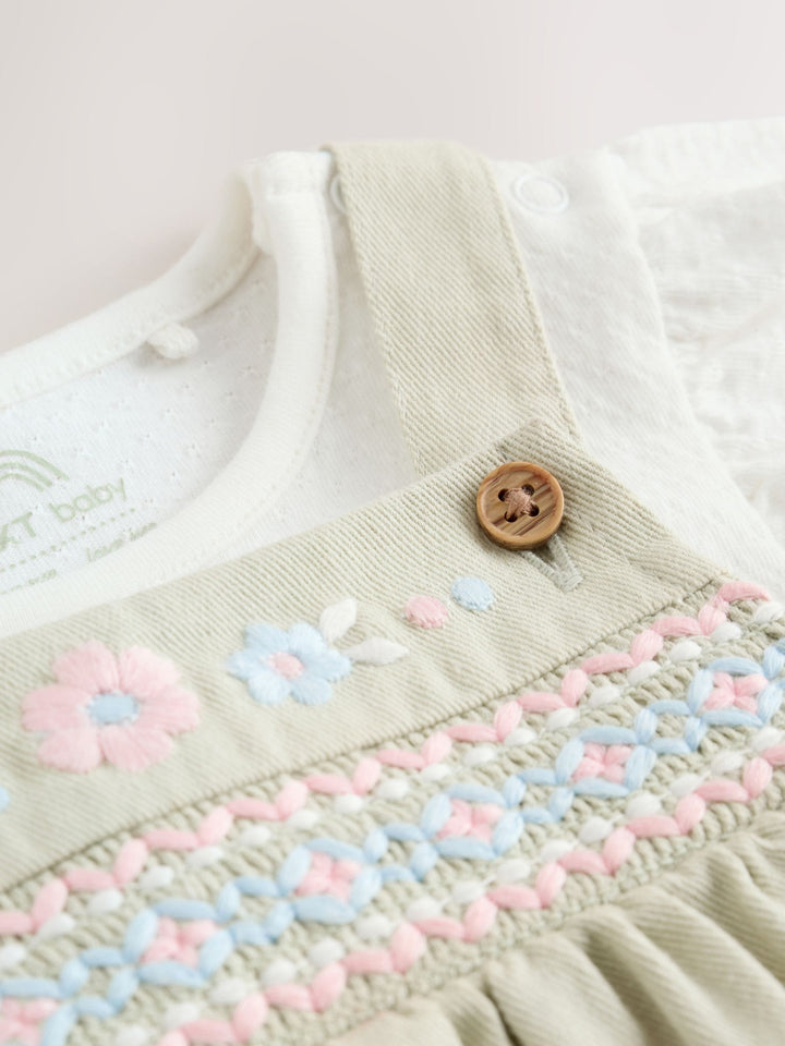Sage Green Embroidered Baby Dungarees and Bodysuits Set 2 Piece (0mths-2yrs)