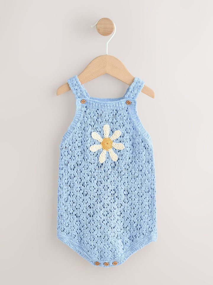 Blue Daisy Knitted Baby Romper (0mths-2yrs)