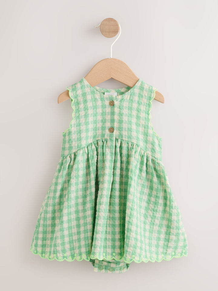 Green Gingham Woven Baby Dress With Intergrated Bodysuit (0mths-2yrs)