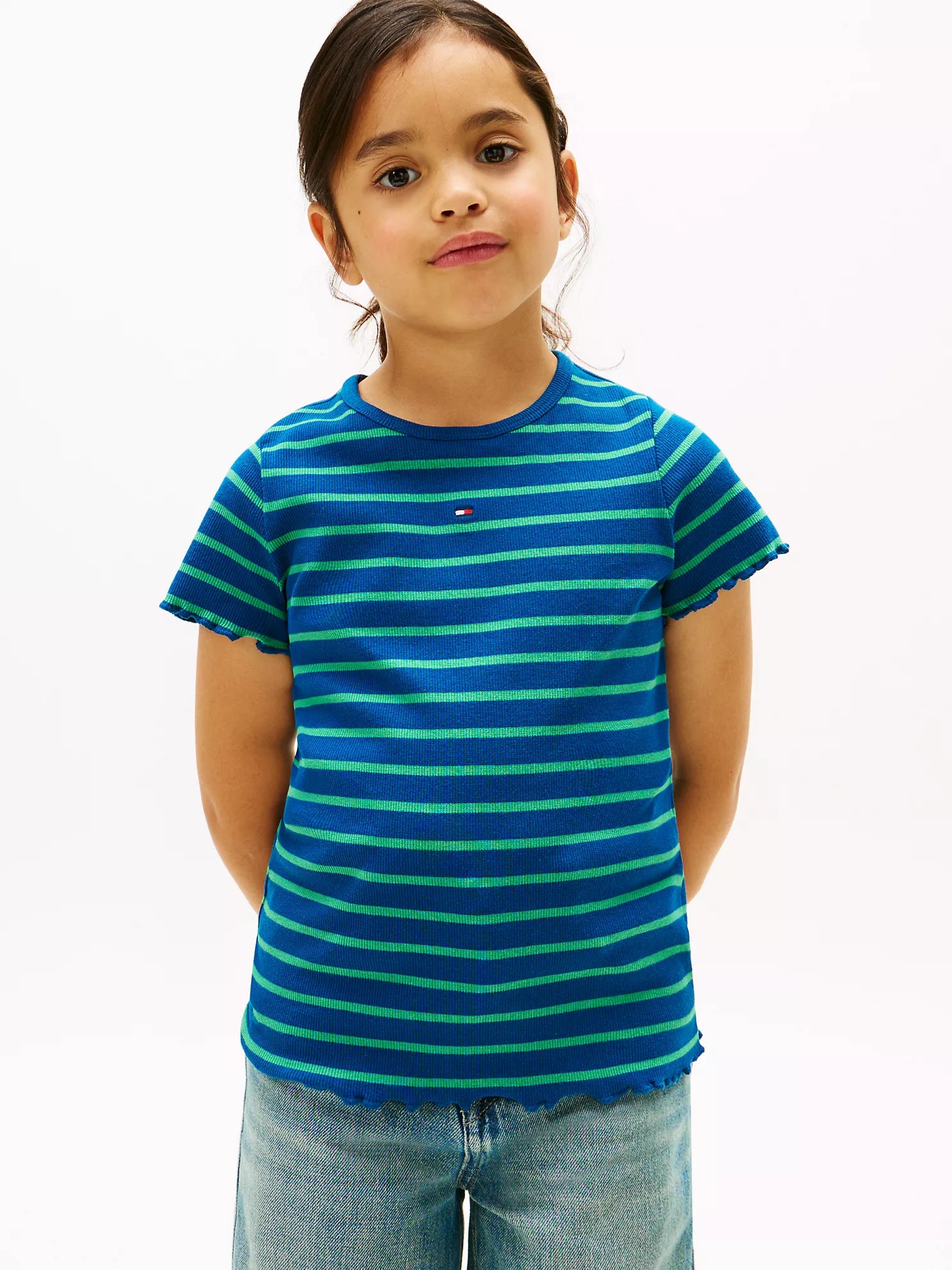Girls  Stripe Lettuce-Trim Ribbed Top