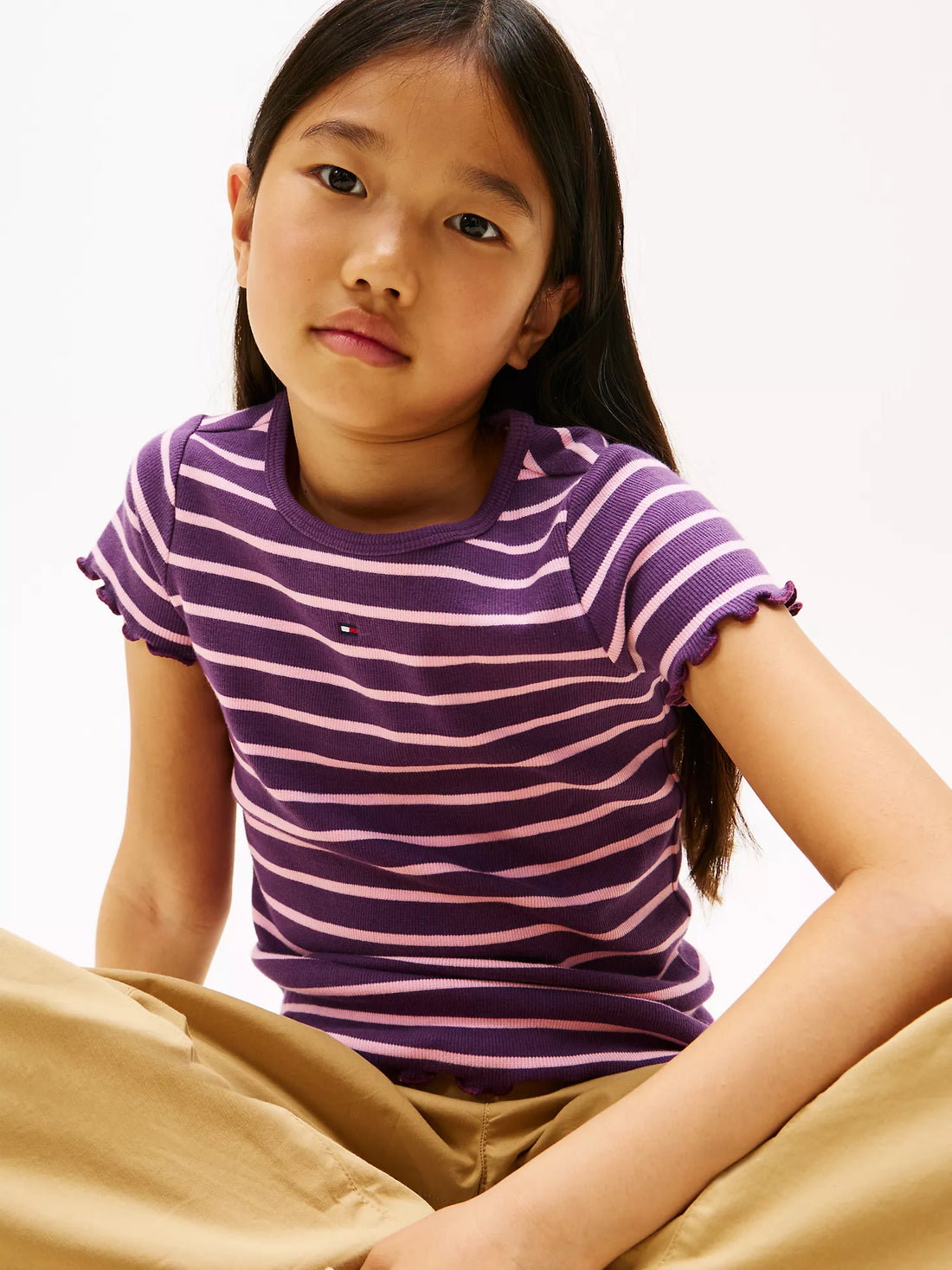 Girls  Stripe Lettuce-Trim Ribbed Top