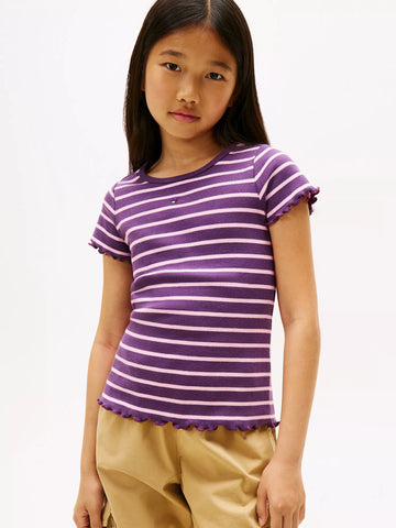 Girls  Stripe Lettuce-Trim Ribbed Top