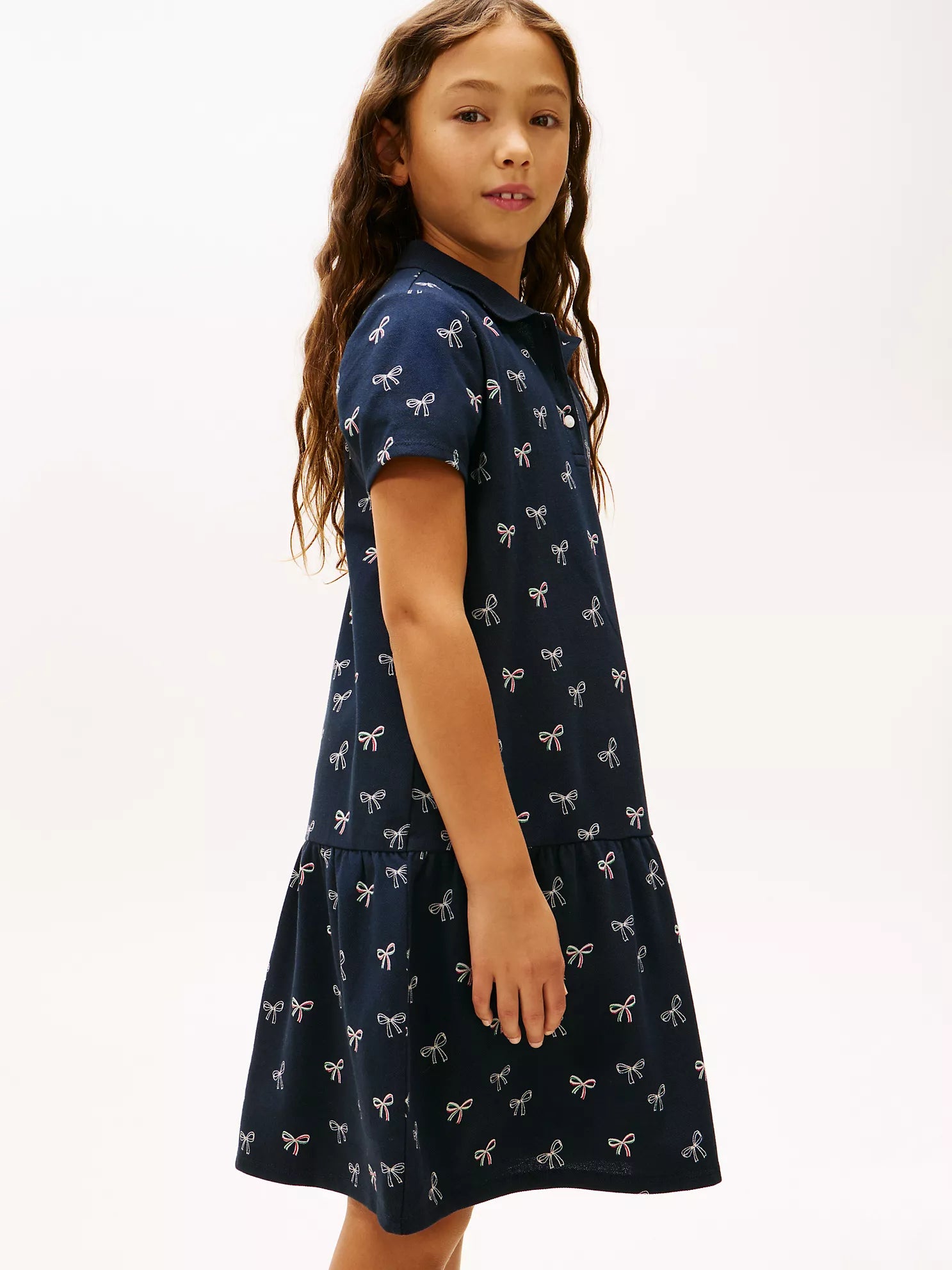 Girls  Bow Print Stretch Polo Dress