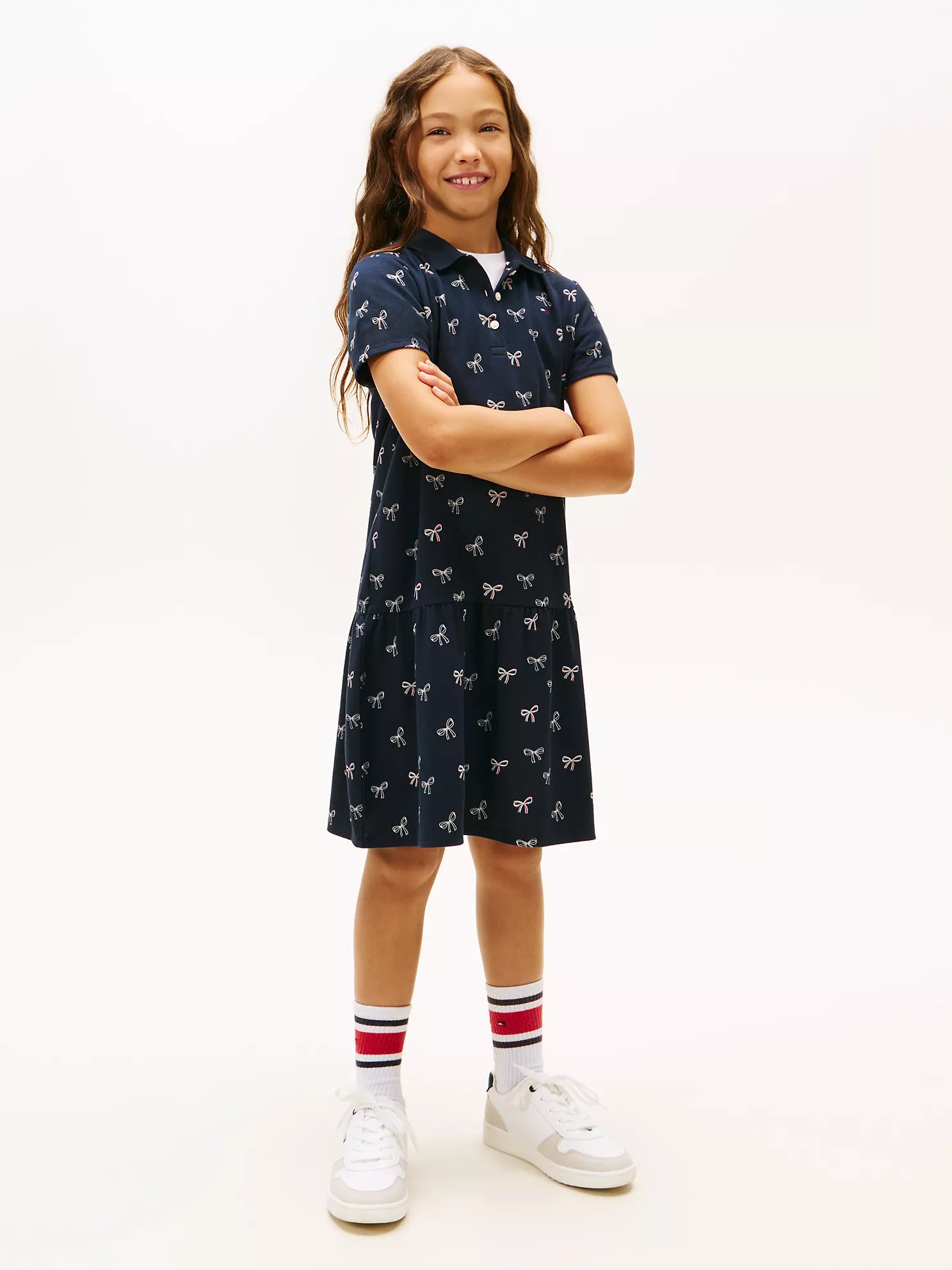 Girls  Bow Print Stretch Polo Dress