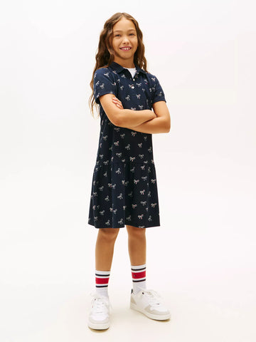 Girls  Bow Print Stretch Polo Dress