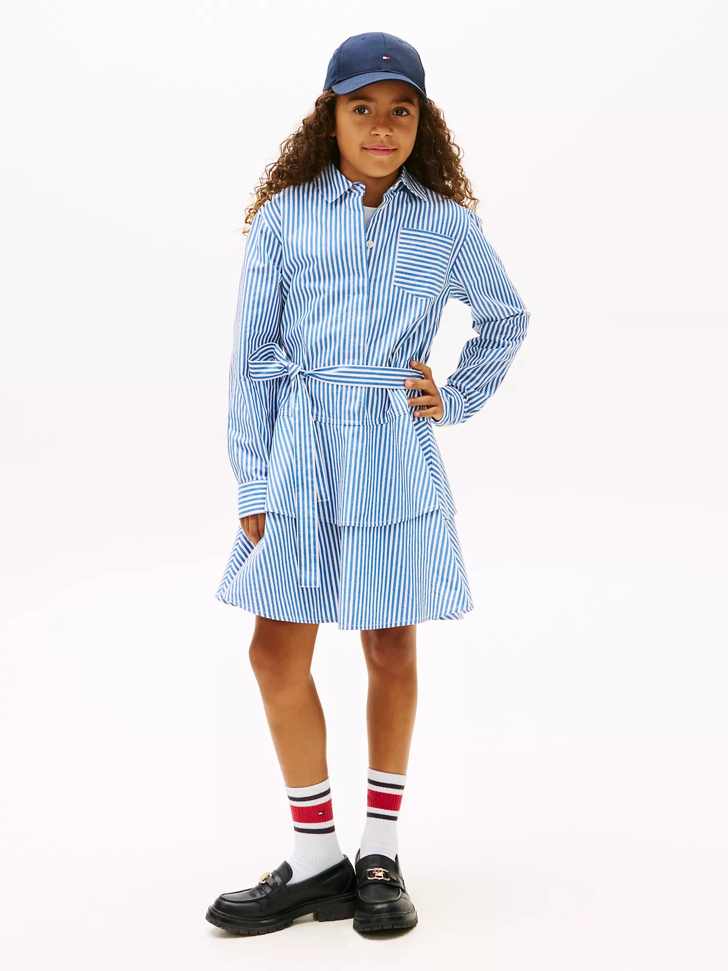Girls  Stripe Tiered Poplin Shirtdress