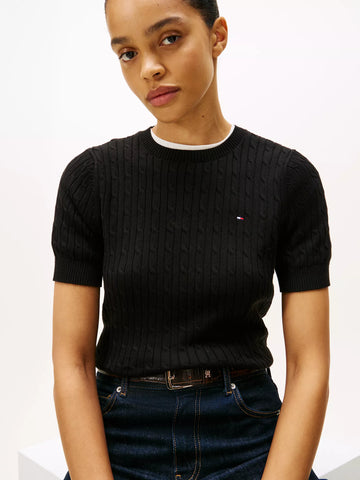 Short-Sleeve Cable Knit Sweater