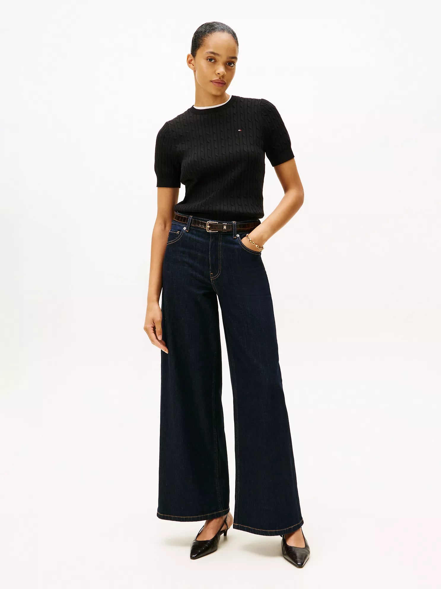 Short-Sleeve Cable Knit Sweater