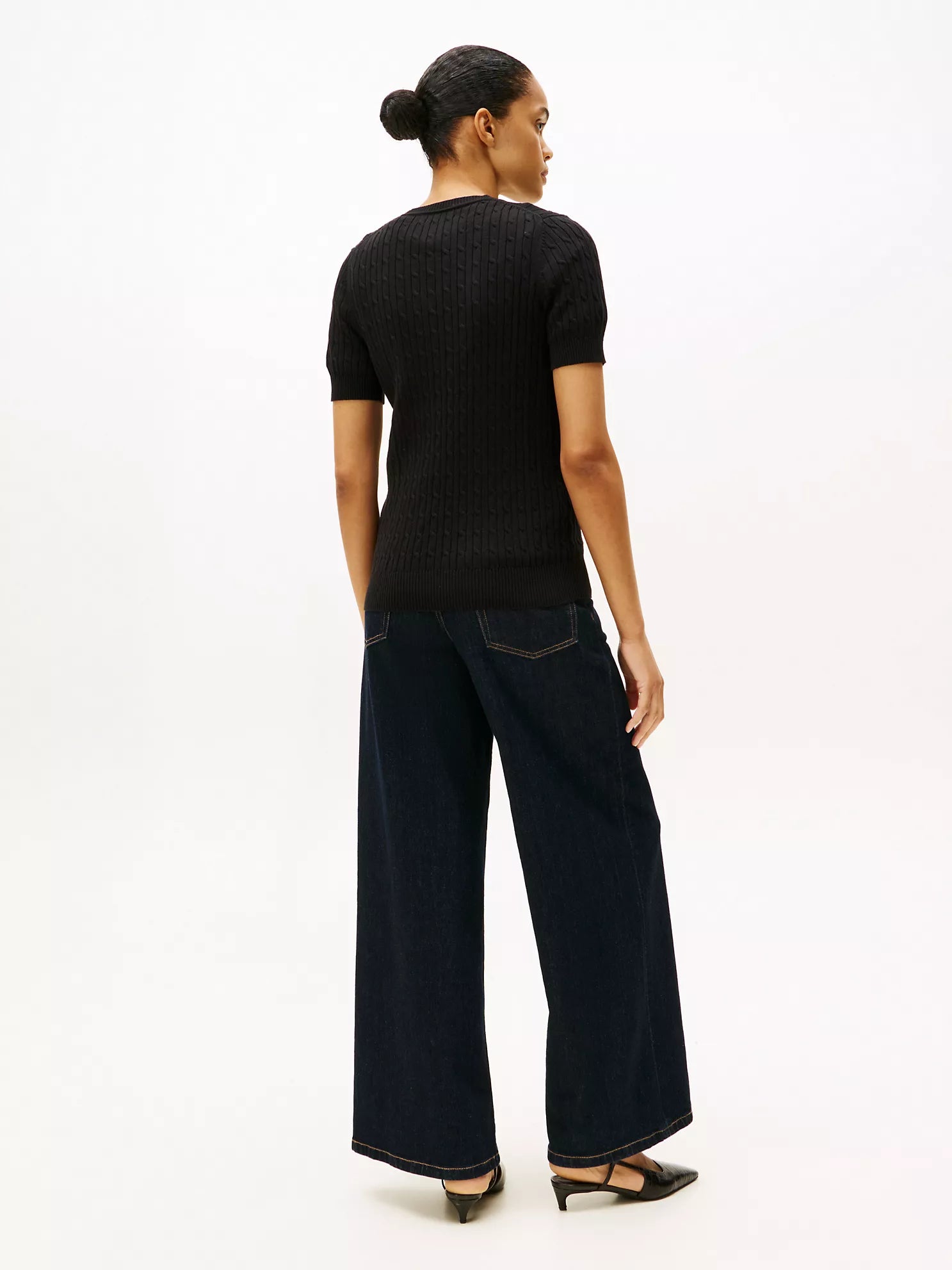 Short-Sleeve Cable Knit Sweater