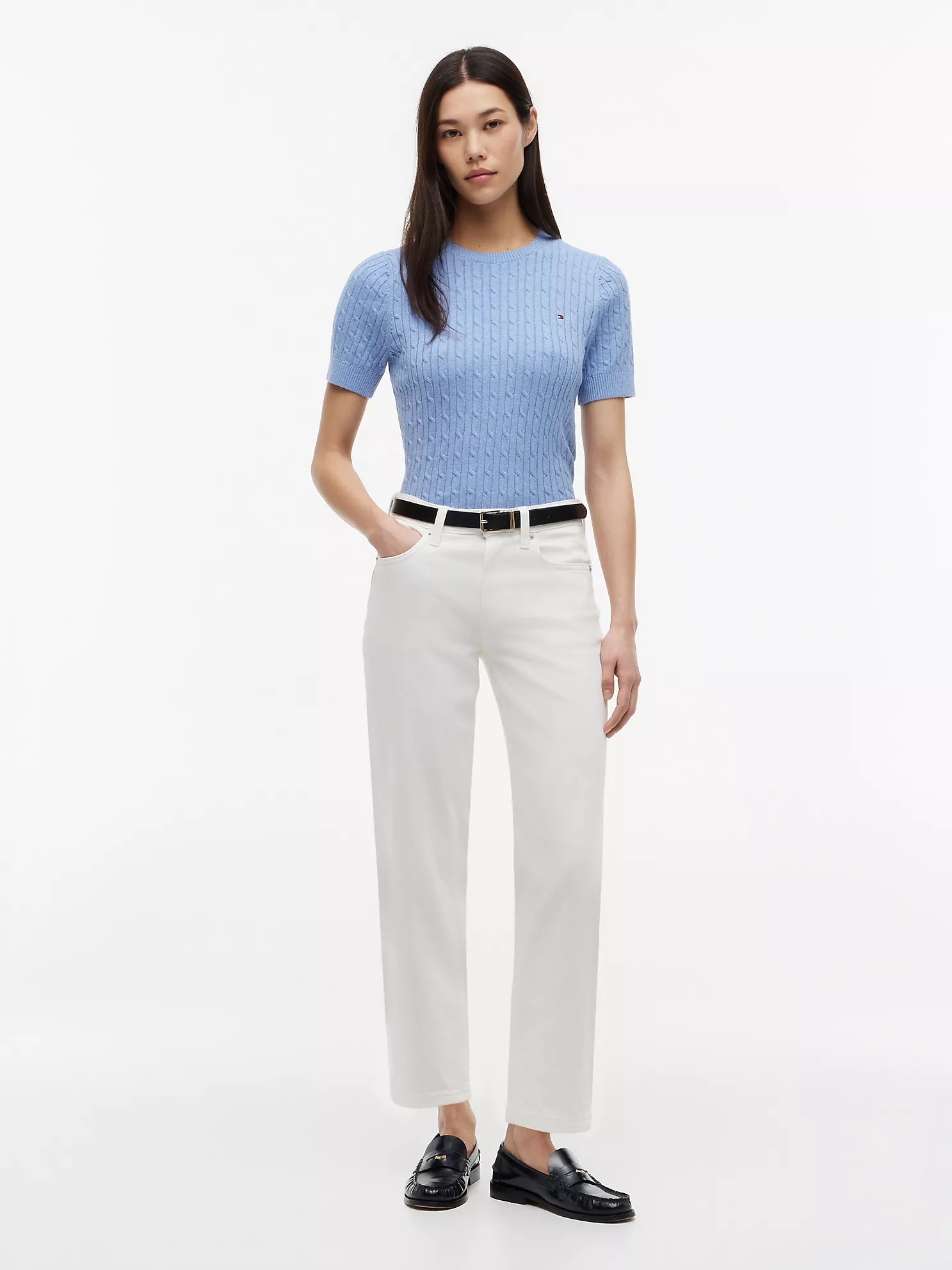 Short-Sleeve Cable Knit Sweater