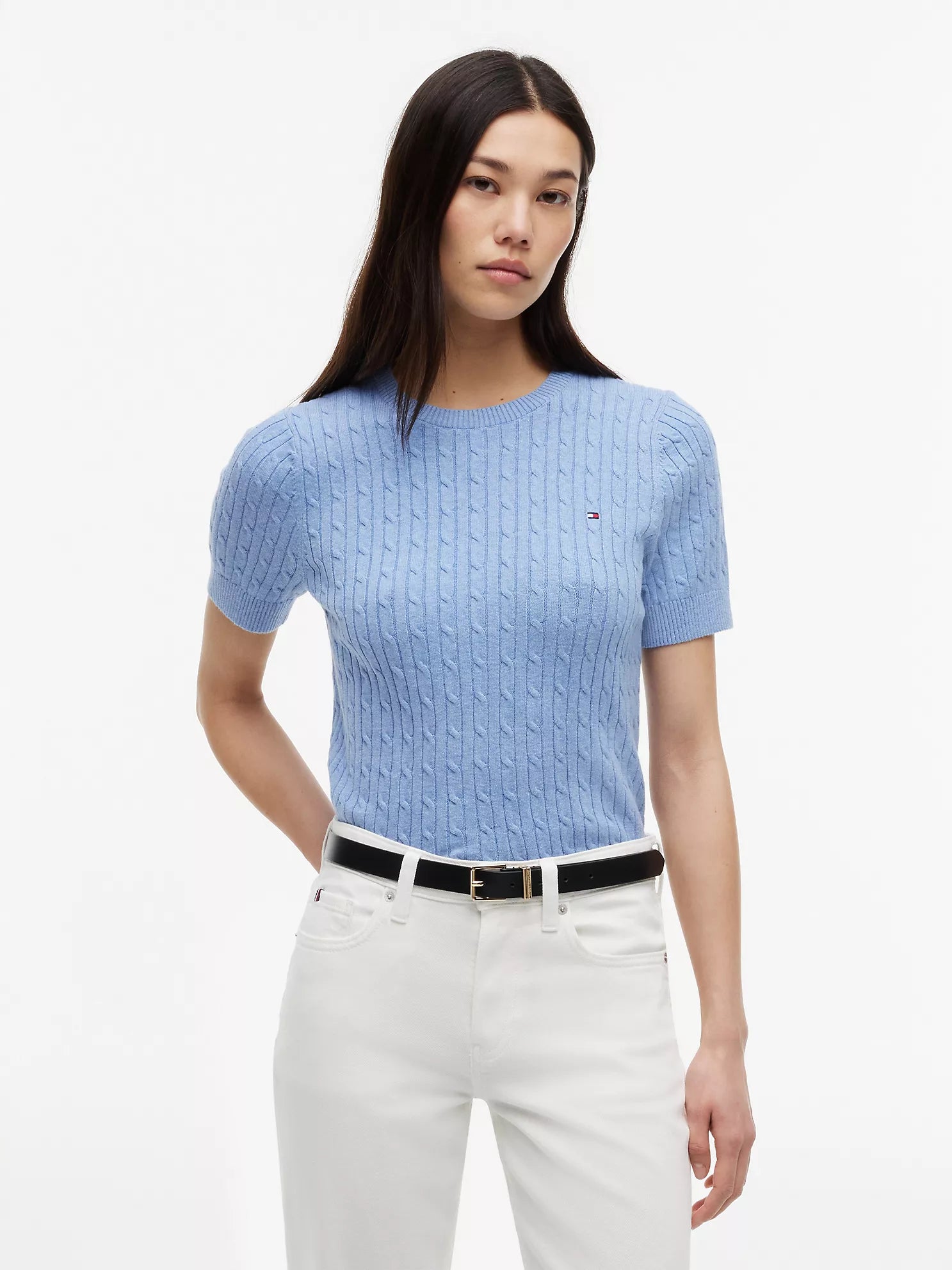Short-Sleeve Cable Knit Sweater