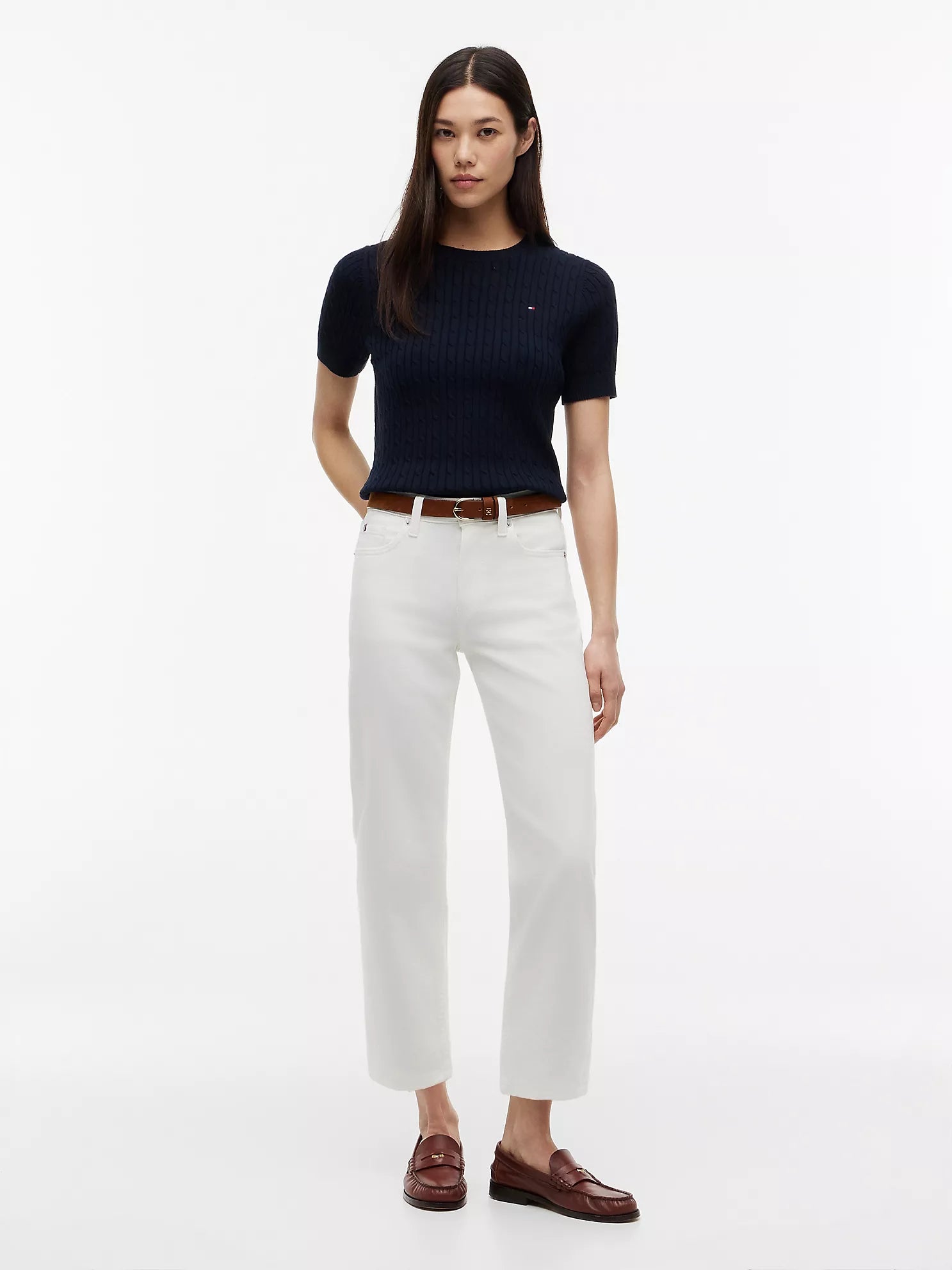 Short-Sleeve Cable Knit Sweater