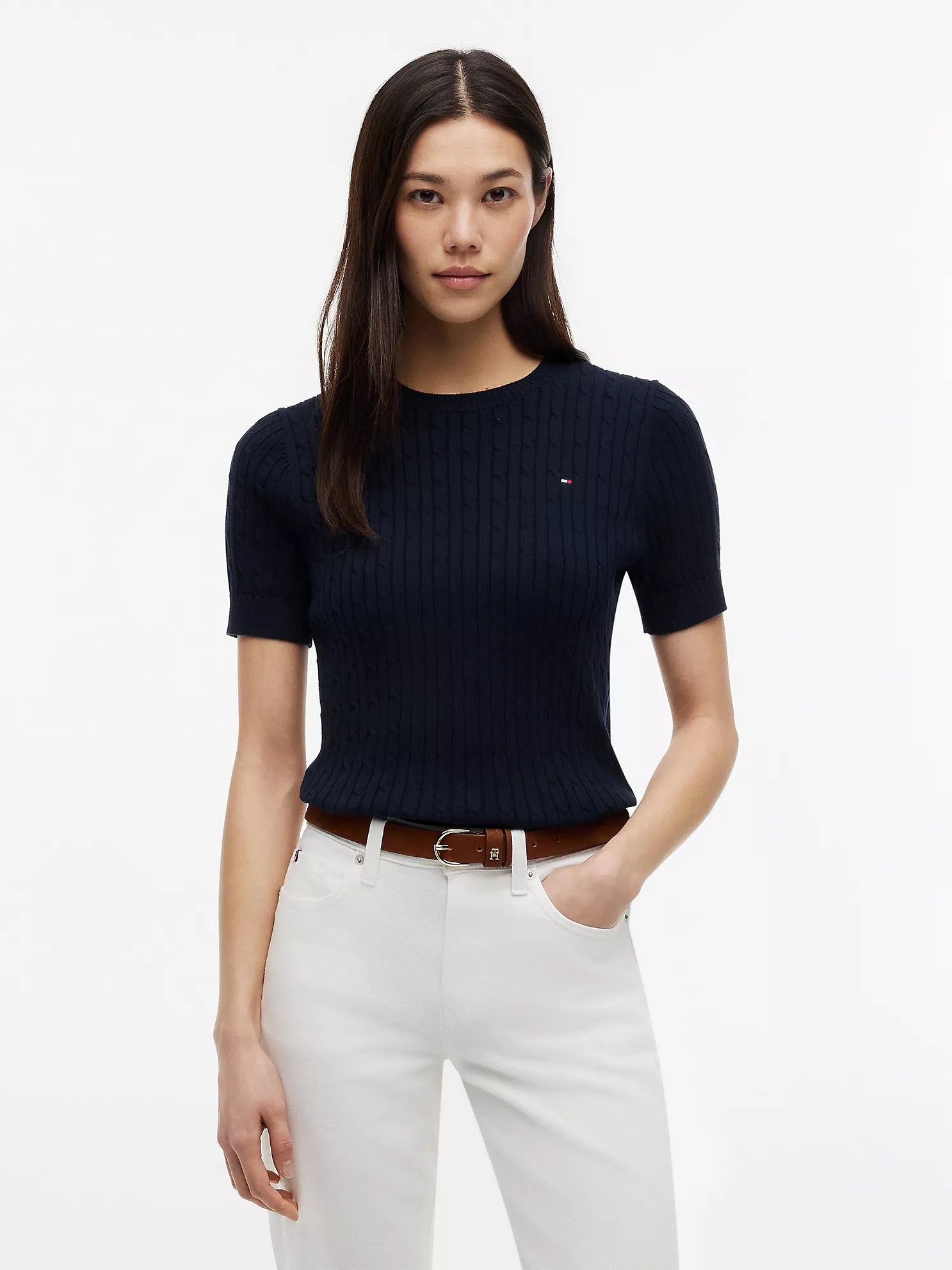 Short-Sleeve Cable Knit Sweater