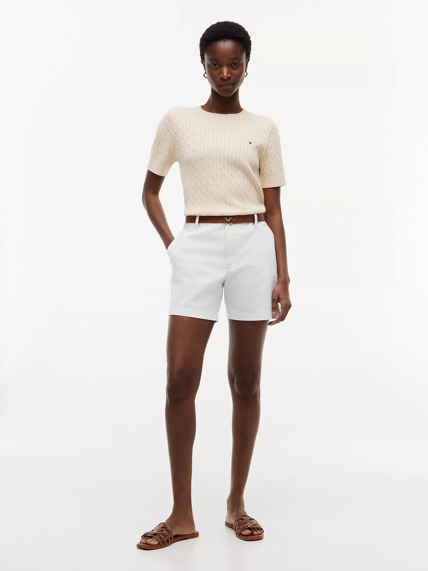 Short-Sleeve Cable Knit Sweater