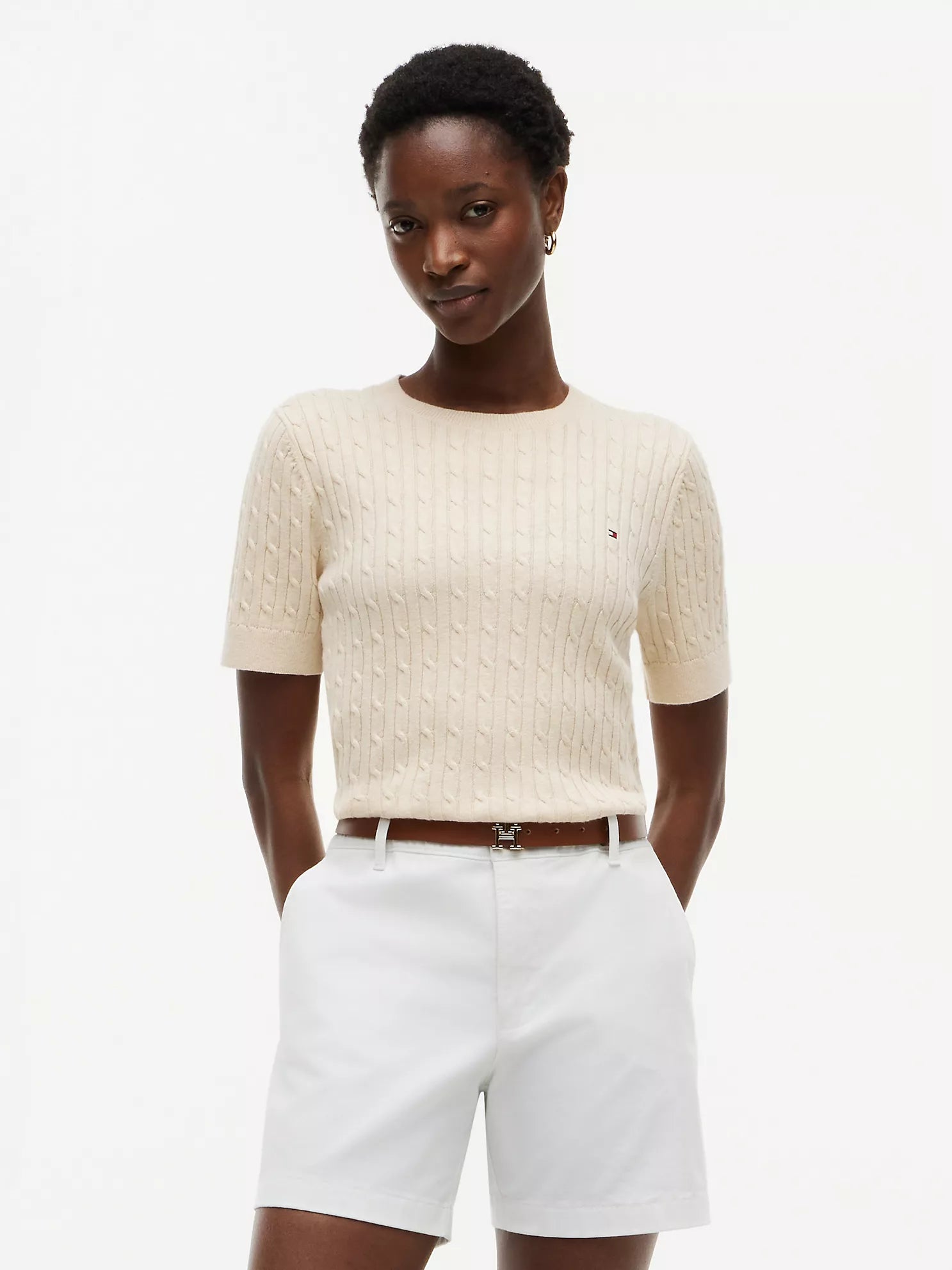 Short-Sleeve Cable Knit Sweater