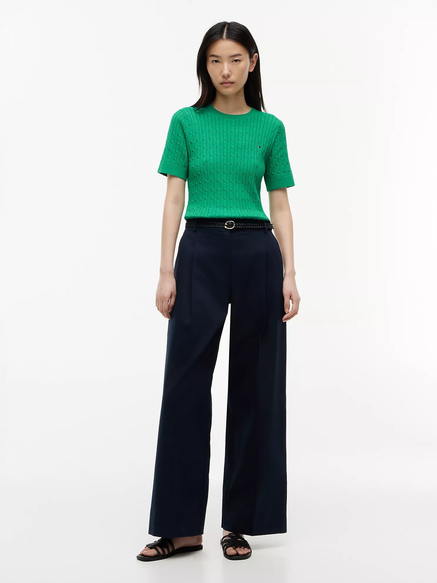 Short-Sleeve Cable Knit Sweater