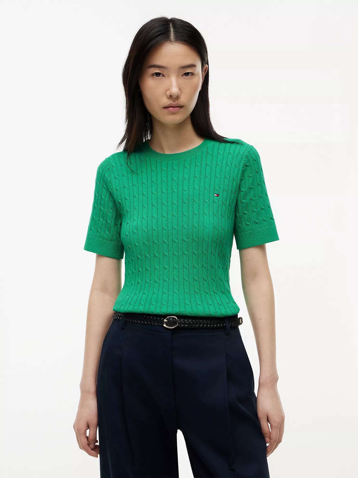 Short-Sleeve Cable Knit Sweater