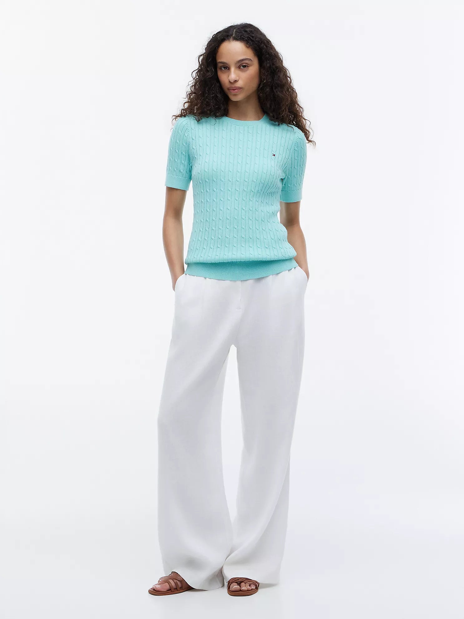Short-Sleeve Cable Knit Sweater