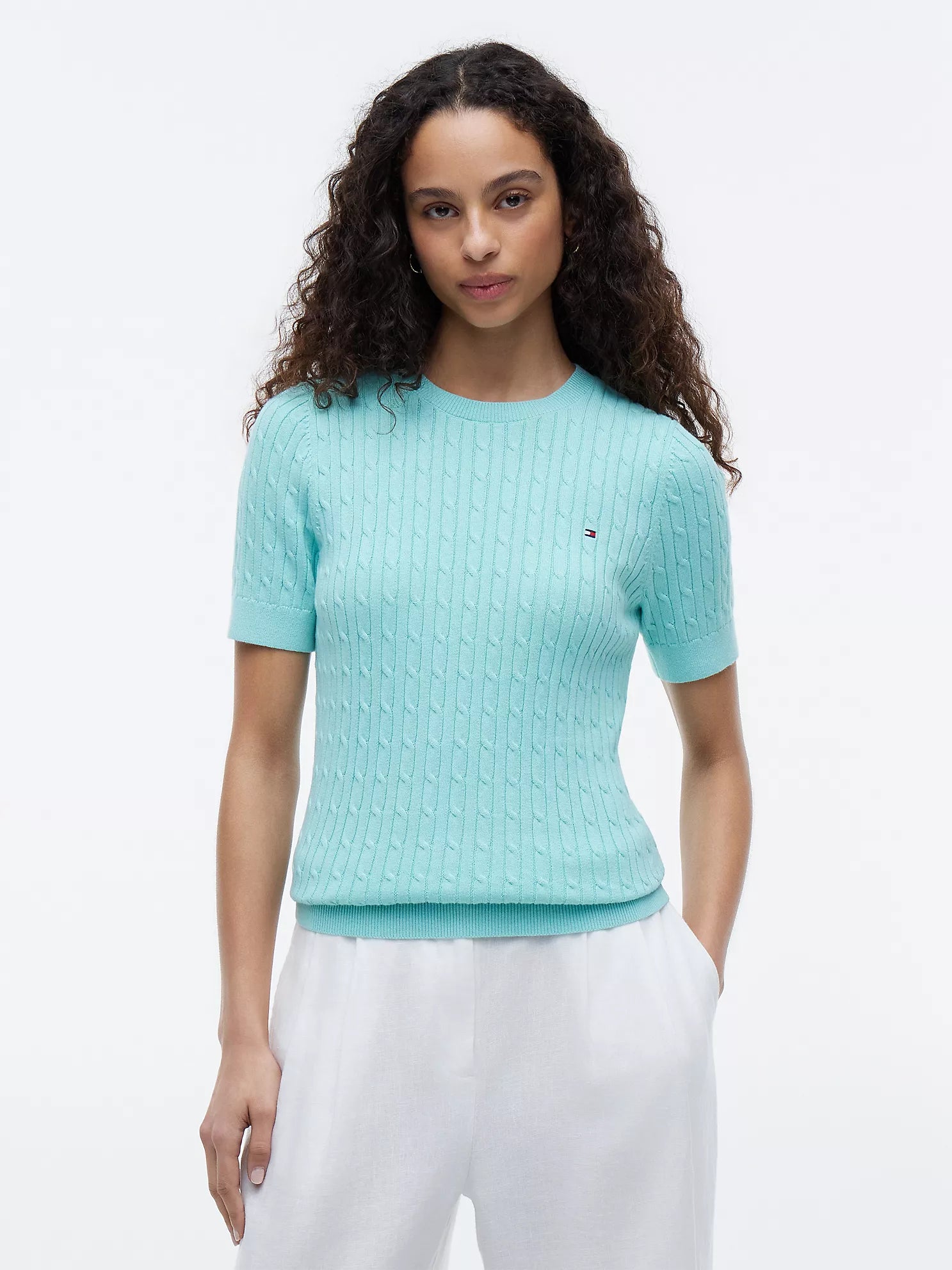 Short-Sleeve Cable Knit Sweater