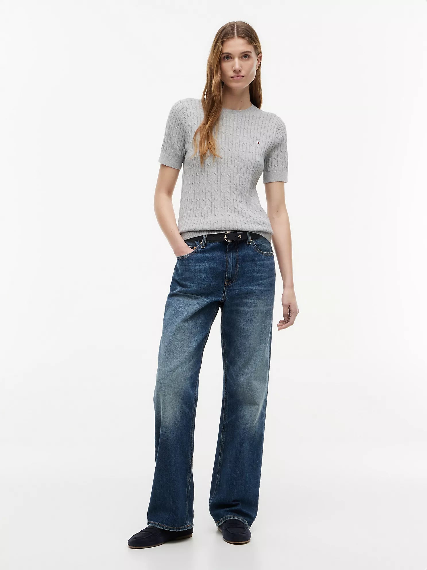 Short-Sleeve Cable Knit Sweater
