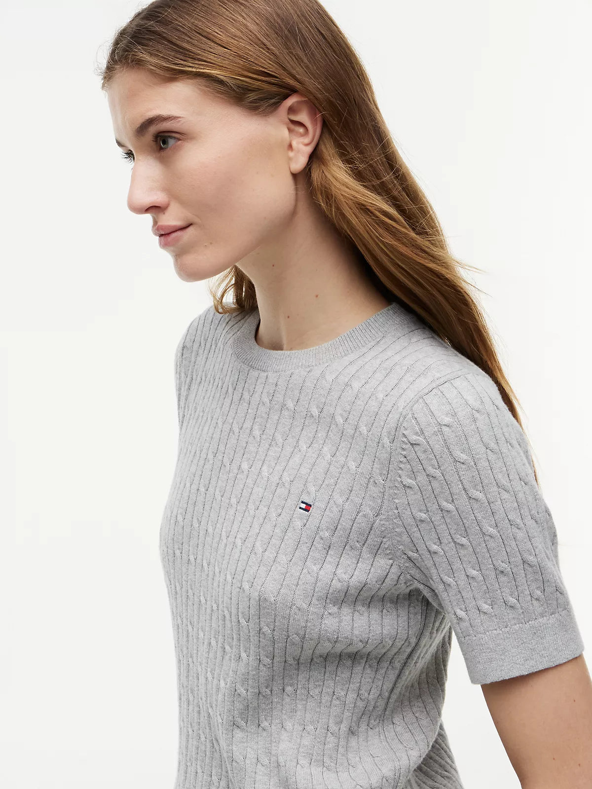 Short-Sleeve Cable Knit Sweater