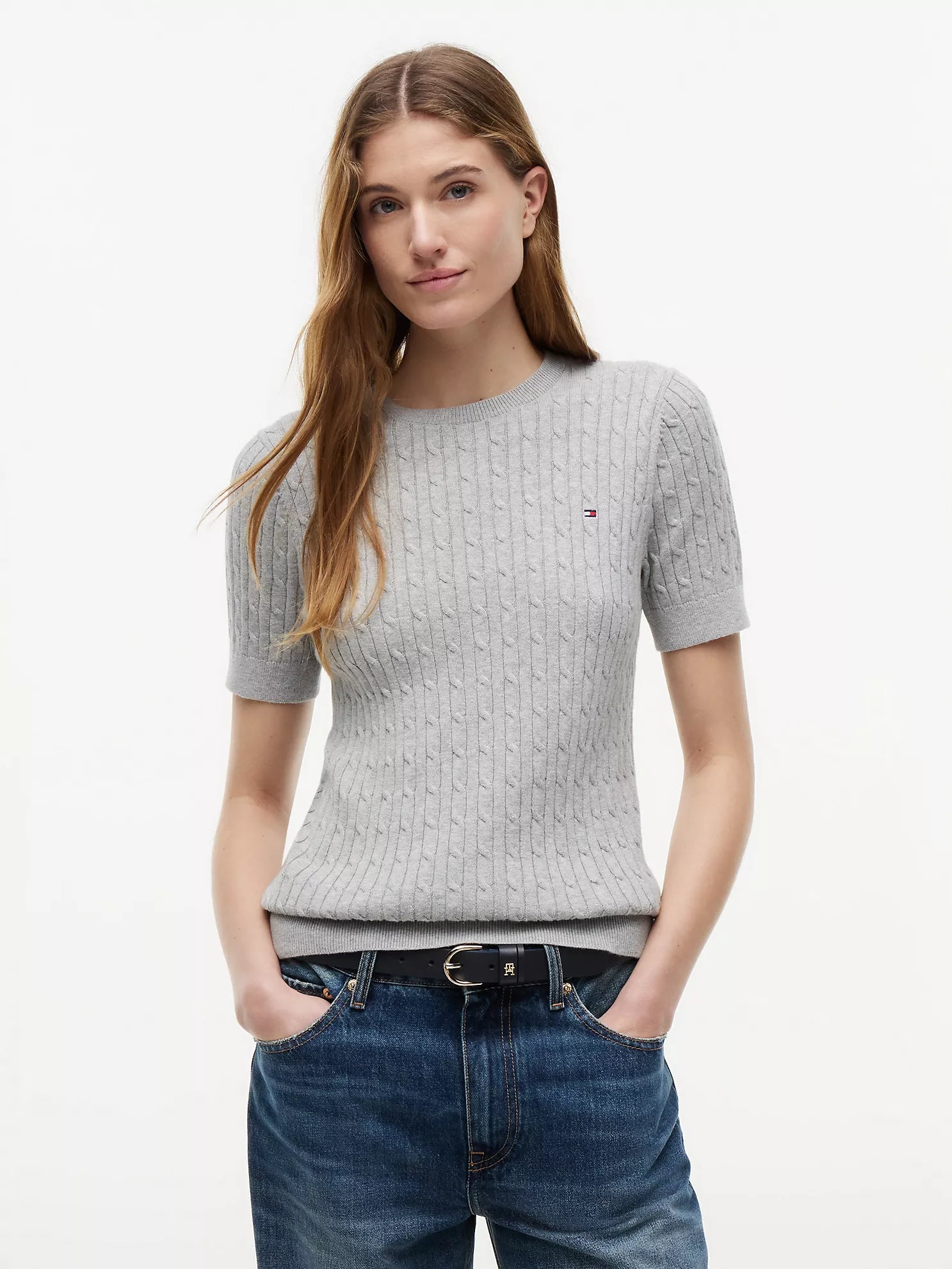 Short-Sleeve Cable Knit Sweater