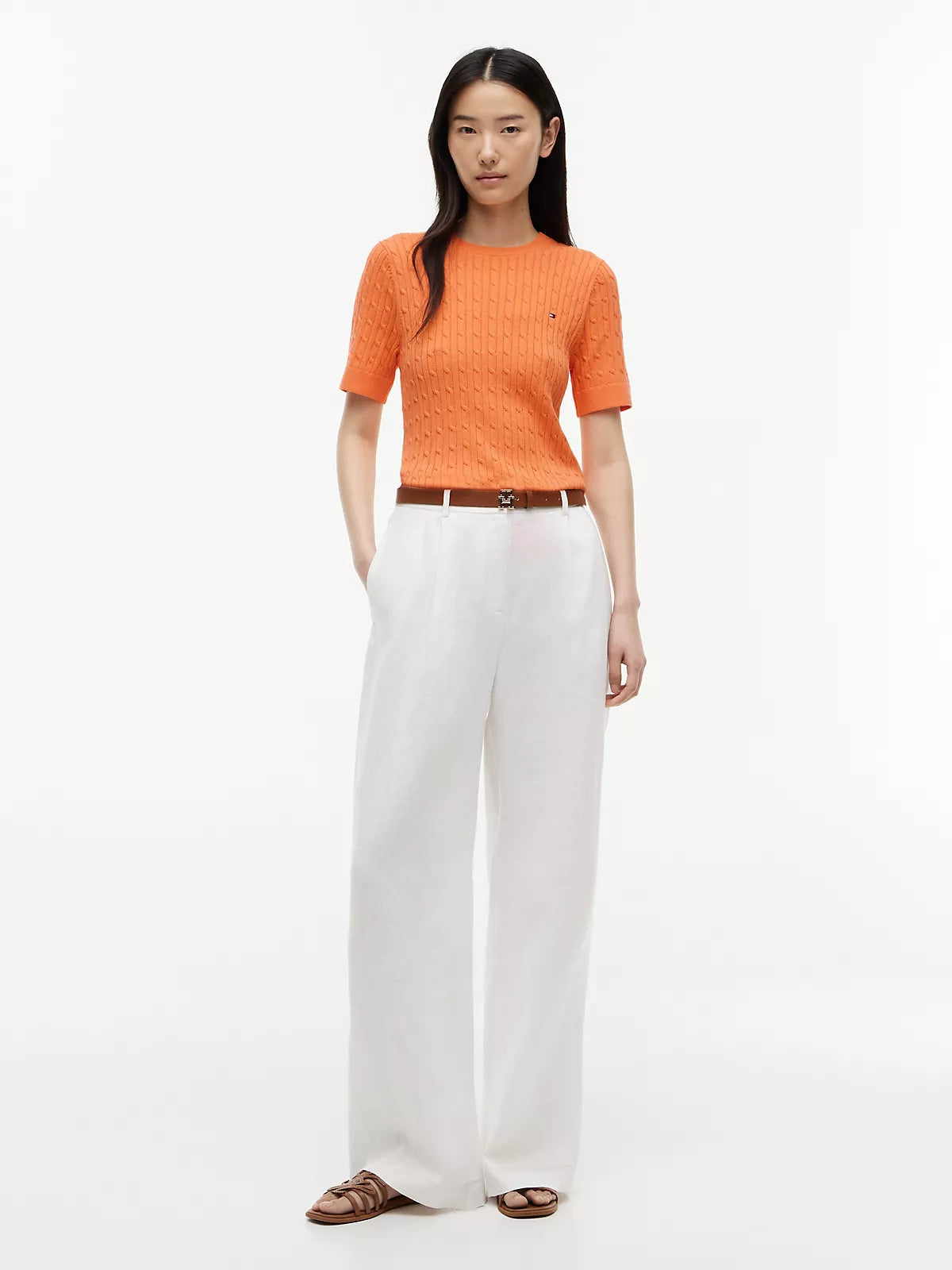 Short-Sleeve Cable Knit Sweater