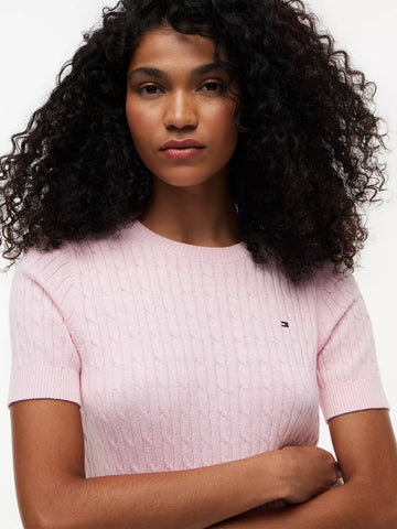 Short-Sleeve Cable Knit Sweater